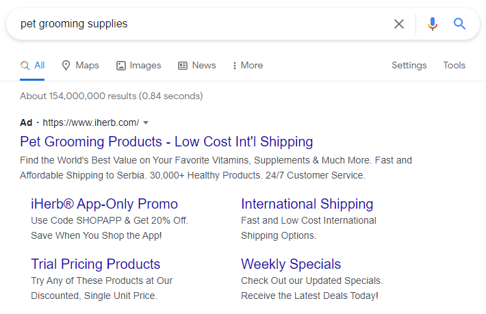 Primjer plaćenog oglasa u rezultatima pretraživanja prilikom pretrage ključne riječi pet grooming supplies (Google Ads)